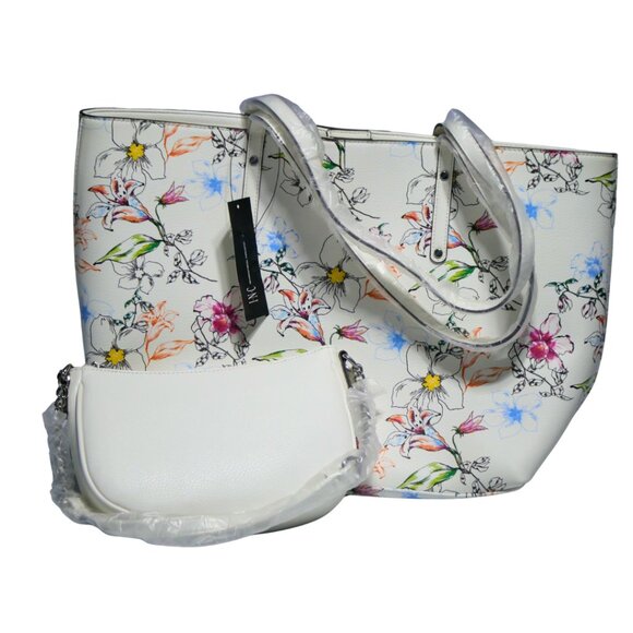 NWT International Concepts White Floral Tote Bag & Pouch Set INC Shoulder Purse - Picture 2 of 8